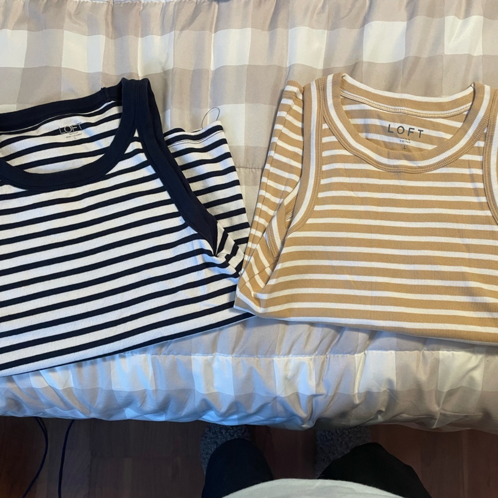 LOFT Women's Striped Tank Tops - Navy and Tan